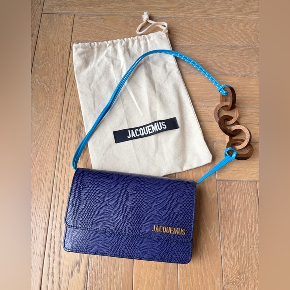 Jacquemus Dark Blue Lizard Embosed Leather Le Riveira Shoulder Bag - Picture 3 of 13